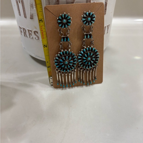 Vintage Native American Silver & Turquoise Double Drop Fringe Earrings - Picture 9 of 9